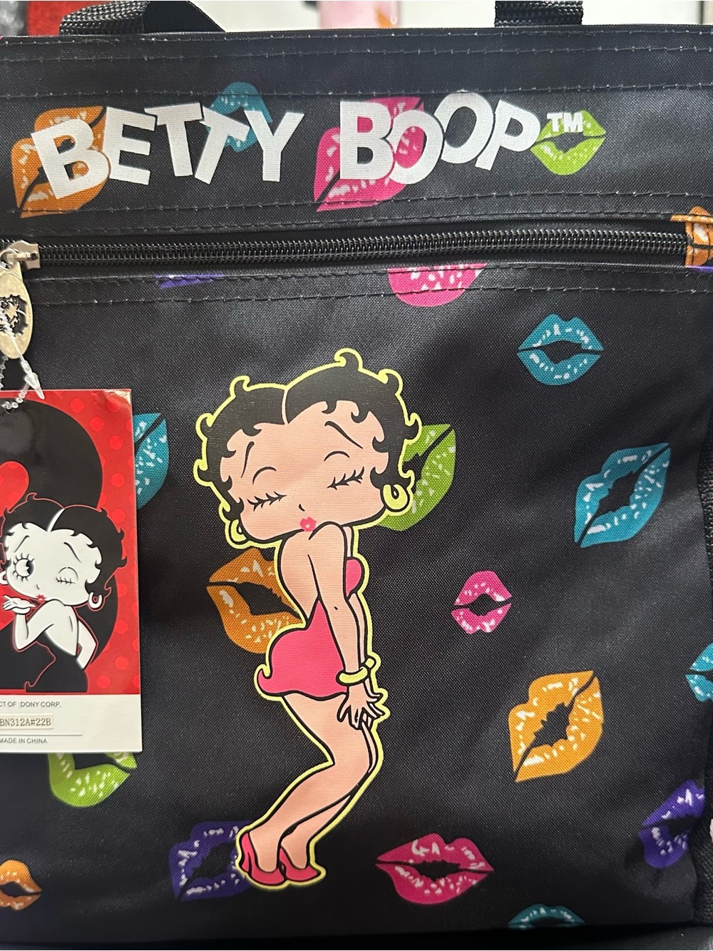Betty Boop Black Tote with Multicolor Lip Prints and Pink Character